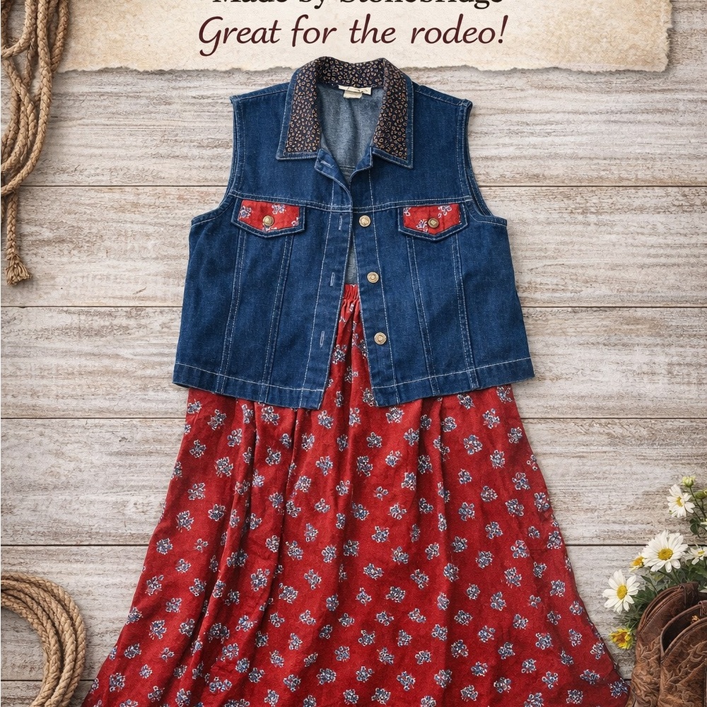 Denim and Red Floral Kids Casual Dress